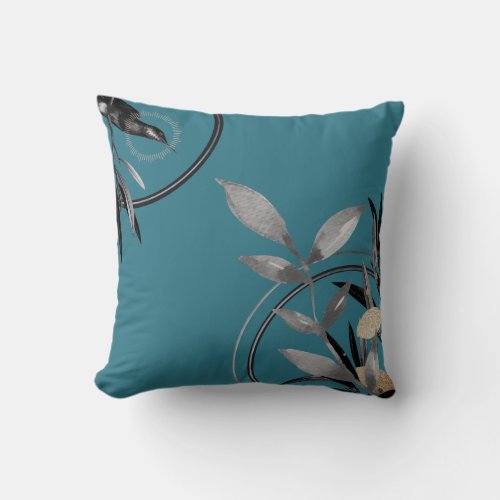 Turquoise  Gray Simple Watercolor Leaves Throw Pillow