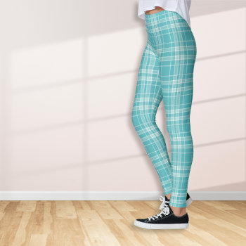 Turquoise Gray Tattersall Plaid Leggings by AvenueCentral at Zazzle