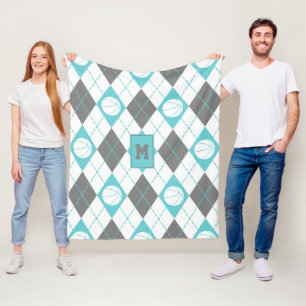turquoise gray white basketball themed argyle fleece blanket