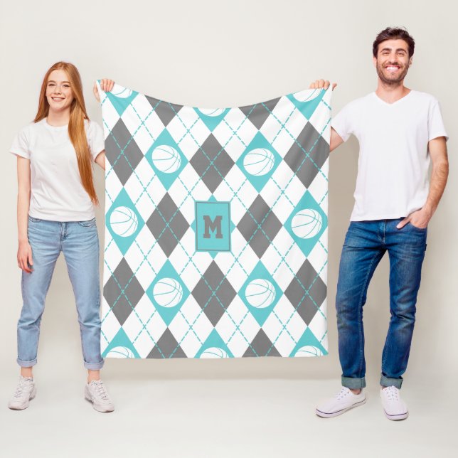 turquoise gray white basketball themed argyle fleece blanket (In Situ)