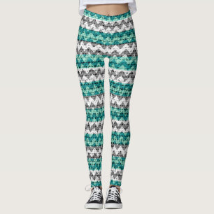 Turquoise Gray White Chevron Pattern Burlap Look Leggings