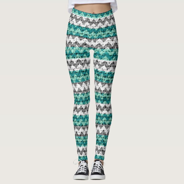 Turquoise Gray White Chevron Pattern Burlap Look Leggings (Front)