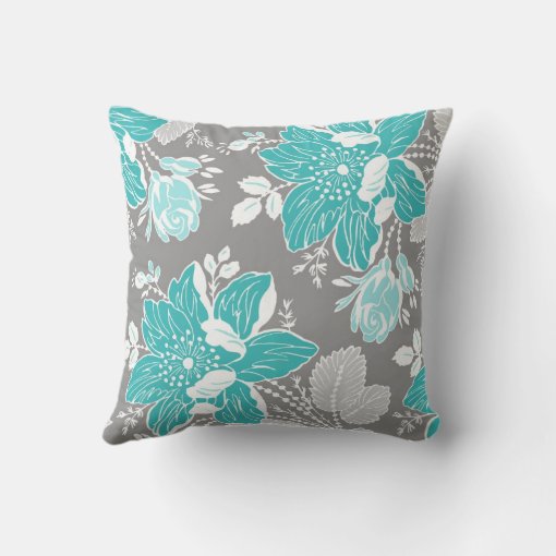 Turquoise Gray White Floral Decorative Pillow | Zazzle