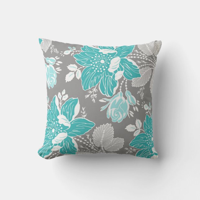 Turquoise Gray White Floral Decorative Pillow (Front)