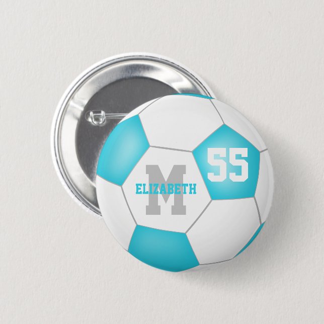 turquoise gray white girls soccer personalized button (Front & Back)