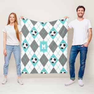 turquoise gray white soccer themed argyle pattern fleece blanket