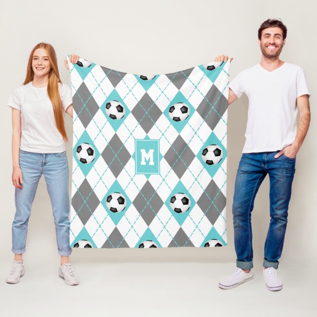 turquoise gray white soccer themed argyle pattern fleece blanket (In Situ)