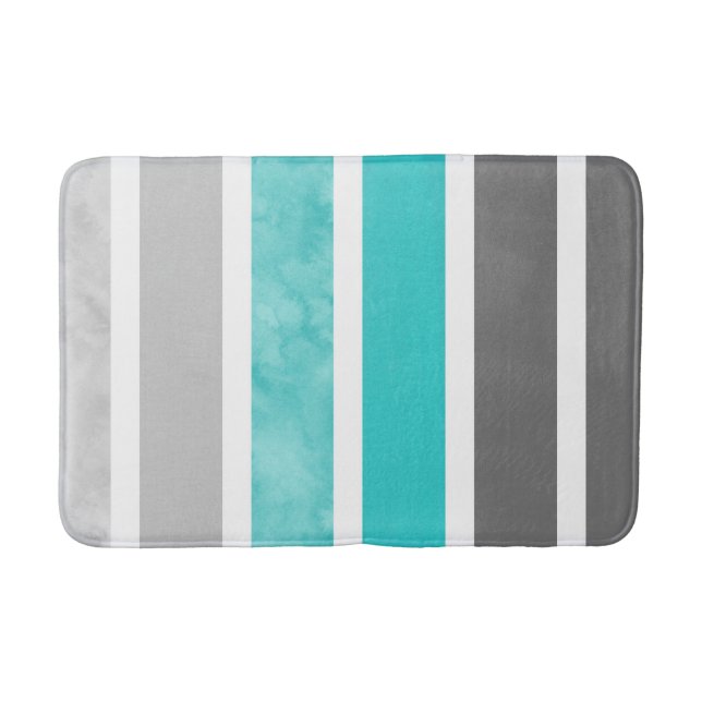 Turquoise Gray White Stripes Bath Mat (Front)