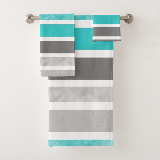 Turquoise Gray White Stripes Bath Towel Set (Insitu)