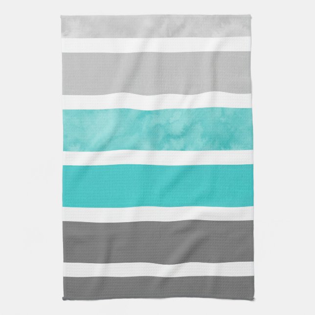 Turquoise Gray White Watercolor Stripes Kitchen Towel (Vertical)