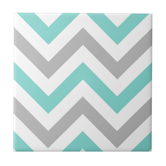 Turquoise, Gray, Wht Large Chevron ZigZag Pattern Ceramic Tile (Front)