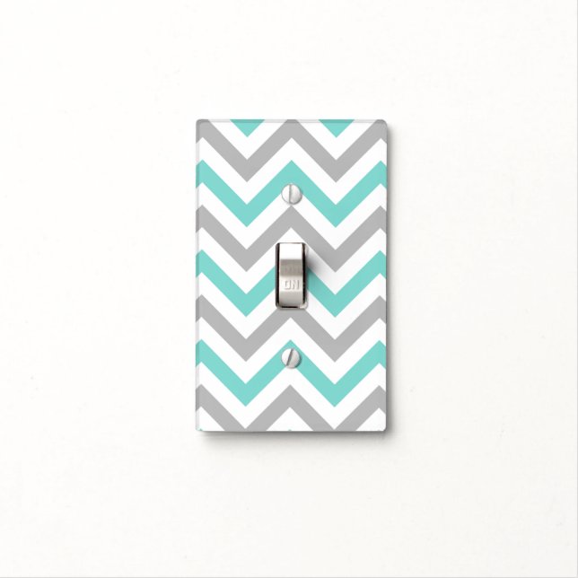 Turquoise, Gray, Wht Large Chevron ZigZag Pattern Light Switch Cover (In Situ)