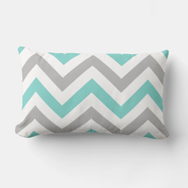 Turquoise, Gray, Wht Large Chevron ZigZag Pattern Lumbar Pillow (Front)