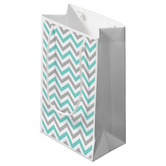 Turquoise, Gray, Wht Large Chevron ZigZag Pattern Small Gift Bag (Front Angled)