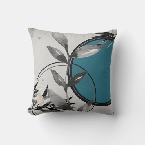 Turquoise  Gray Zen Watercolor Leaves Throw Pillow