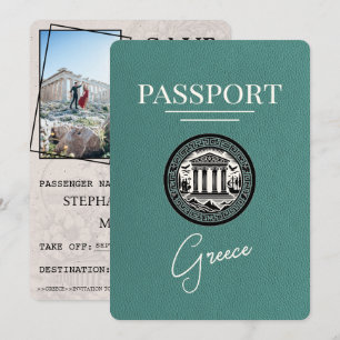 Turquoise Greece Passport Save the Date Card