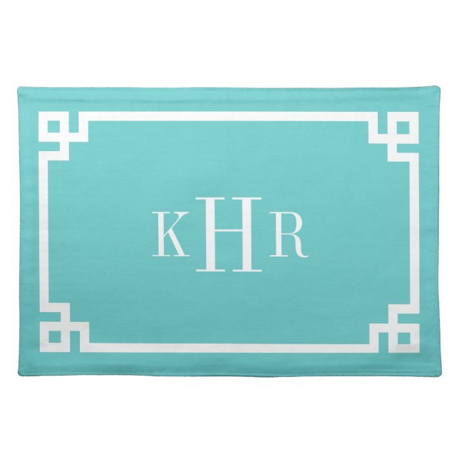Turquoise Greek Key Border Custom Monogram Cloth Placemat (Front)