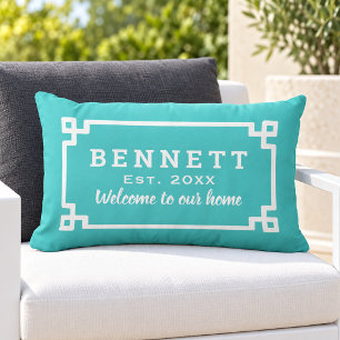Turquoise Greek Key Monogram Welcome Lumbar Pillow