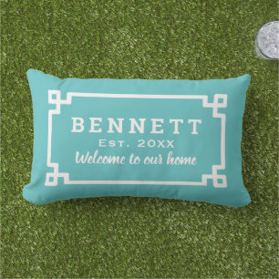 Turquoise Greek Key Monogram Welcome Lumbar Pillow