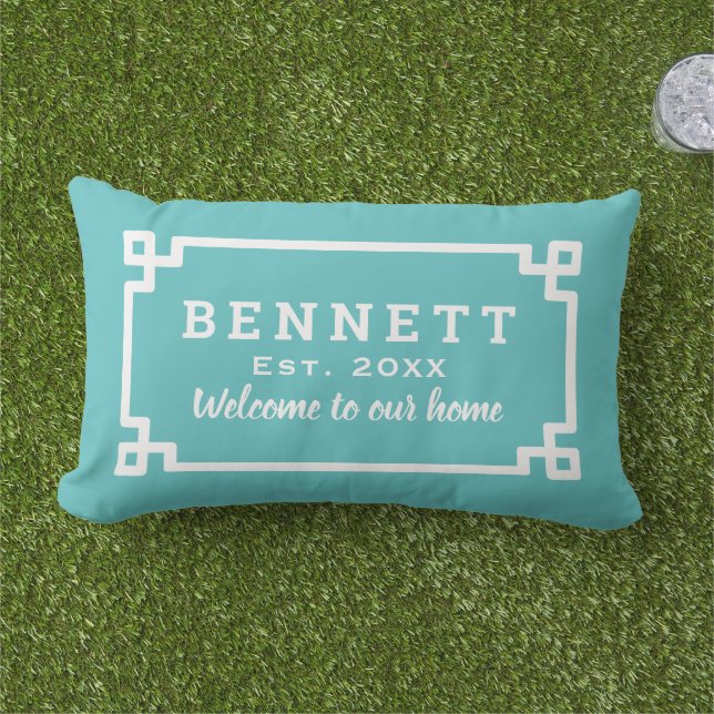 Turquoise Greek Key Monogram Welcome Lumbar Pillow (Grass)