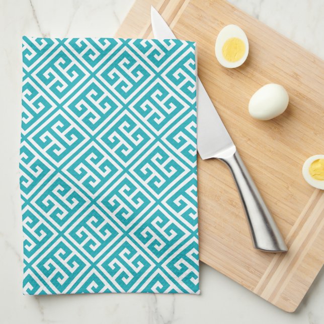 Turquoise Greek Key Pattern Towel (Quarter Fold)