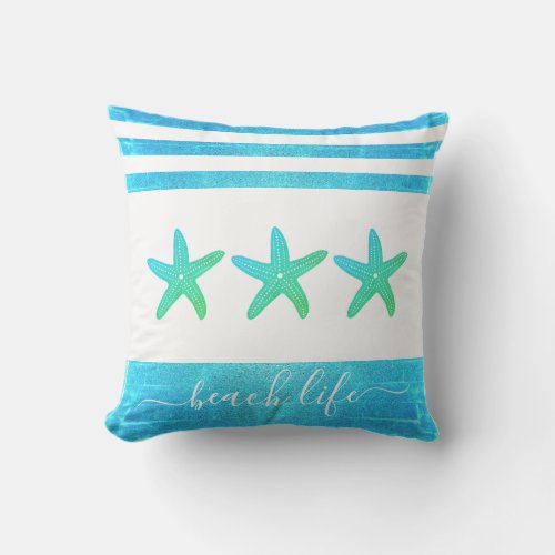 Turquoise green 3 starfish beach life script bold throw pillow