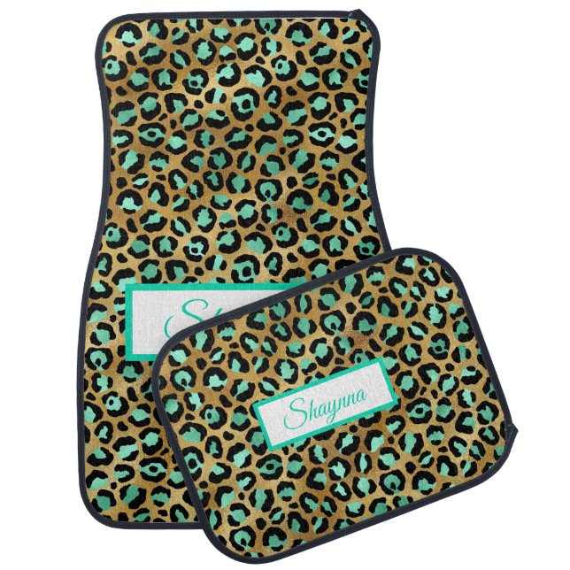 Turquoise Green And Black Leopard Spots   Car Floor Mat (Set)