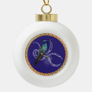 Turquoise green and blue with purple hummingbird ceramic ball christmas ornament