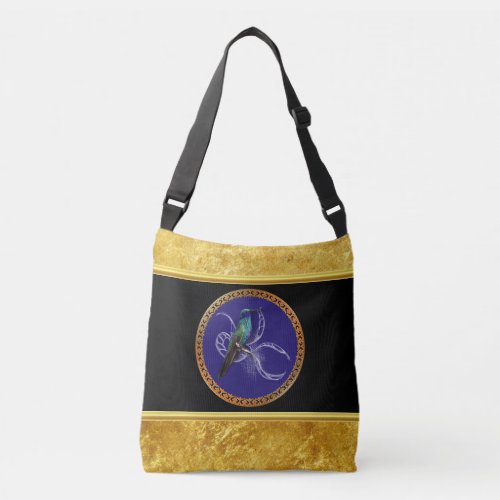 Turquoise green and blue with purple hummingbird crossbody bag