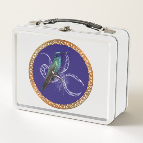Turquoise green and blue with purple hummingbird metal lunch box