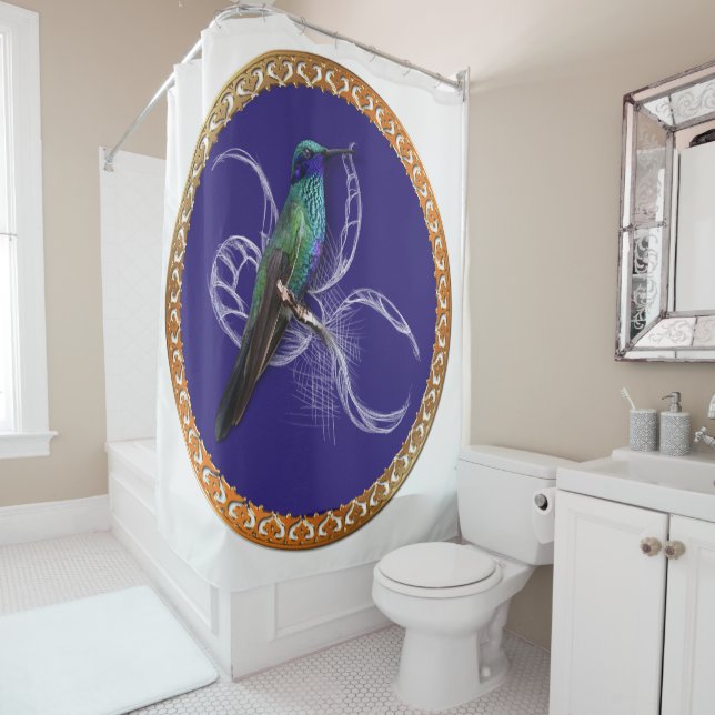 Turquoise green and blue with purple hummingbird shower curtain (In Situ)