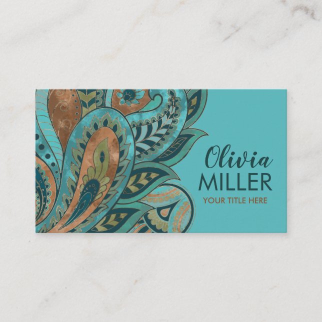 Turquoise Green and Gold Paisley Ornament Business Card (Front)