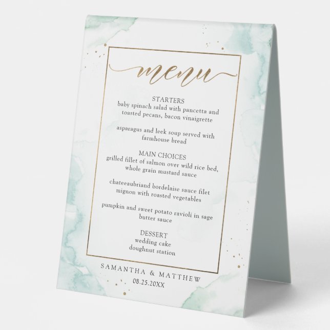 Turquoise, Green and Gold Watercolor Menu Table Tent (Front)