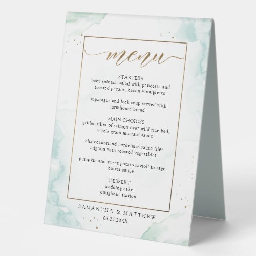 Turquoise Green and Gold Watercolor Menu Table Tent Sign