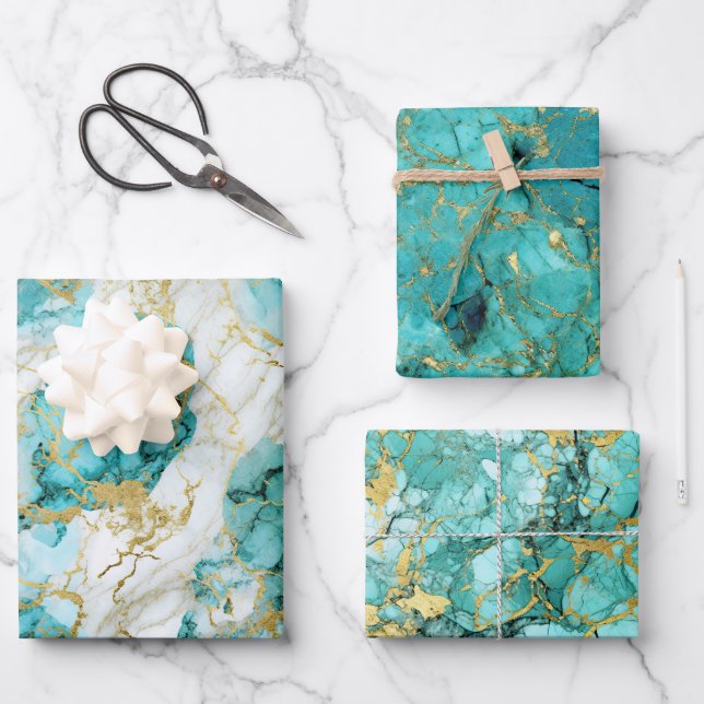 Turquoise Green And Golden Marble Wrapping Paper Sheets (Front)
