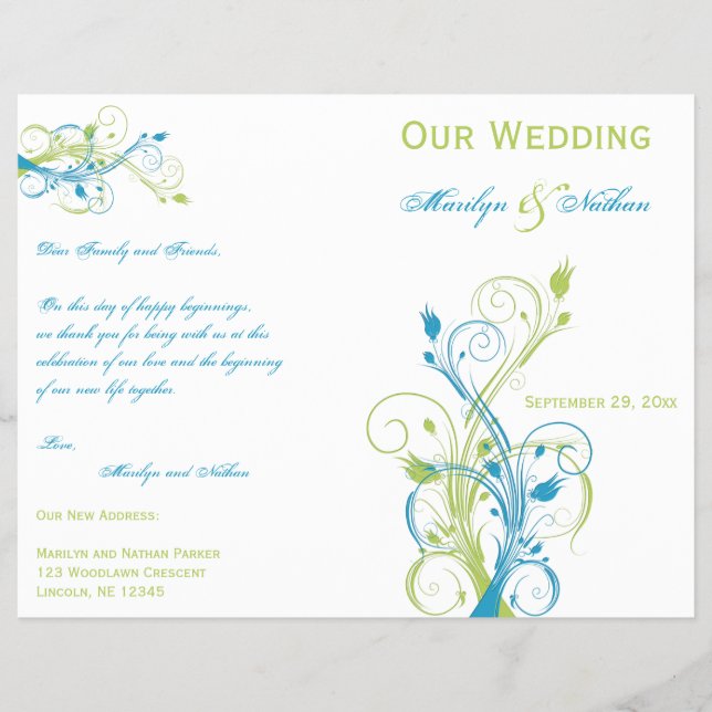 Turquoise, Green, and White Floral Wedding Program (Front)