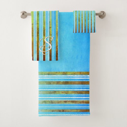 Turquoise Green and White Stripes Bath Towel Set