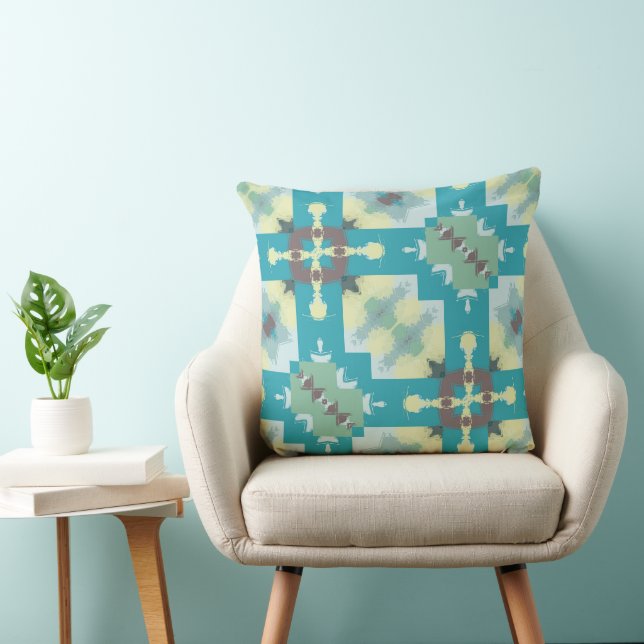 Turquoise, green and yellow abstract pattern throw pillow (Chair)
