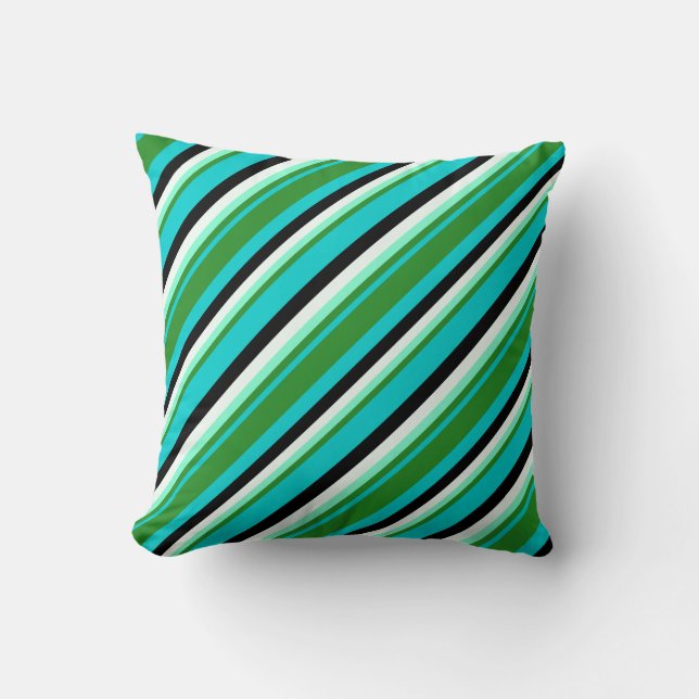 Turquoise, Green, Aquamarine, Mint Cream & Black Throw Pillow (Front)