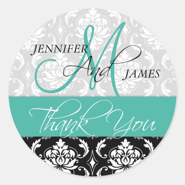 Turquoise Green Black Damask Wedding Favor Sticker (Front)
