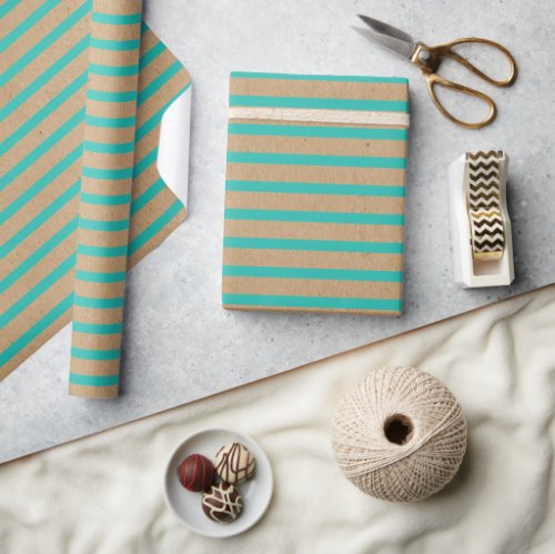 Turquoise Green Blue Lines Faux Rustic Brown Kraft Wrapping Paper