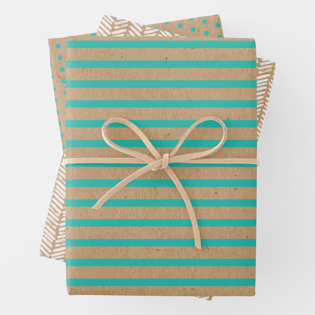 Turquoise Green Blue Lines Faux Rustic Brown Kraft Wrapping Paper Sheets