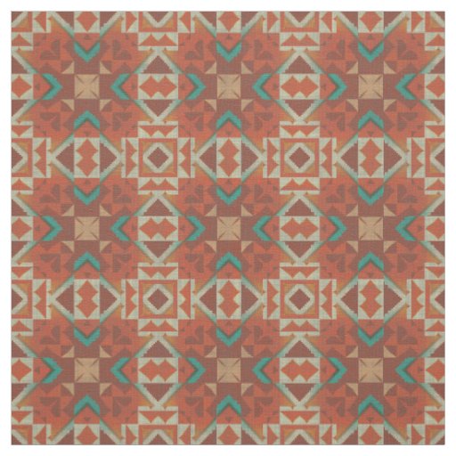 Turquoise Green Blue Orange Aztec Mosaic Pattern Fabric