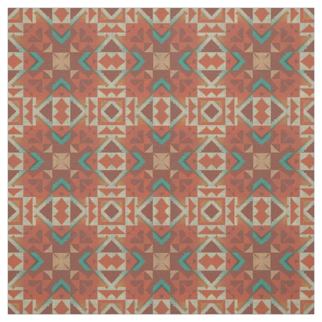Turquoise Green Blue Orange Aztec Mosaic Pattern Fabric (Swatch)