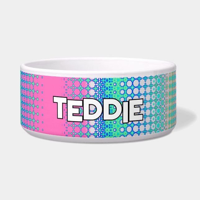 Turquoise Green Blue Pink Geometric Pattern Bowl (Front)