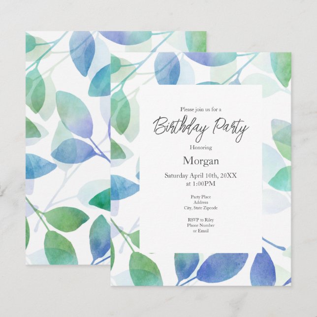 Turquoise Green Blue Watercolor Leaves  Invitation (Front/Back)