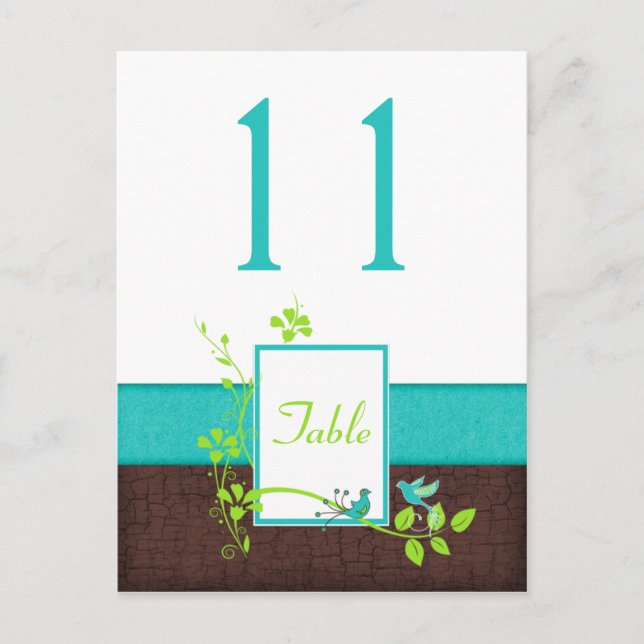 Turquoise Green Brown Birds Table Number Card (Front)