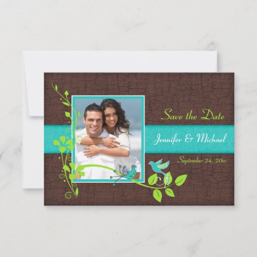 Turquoise Green Brown Crackle Save the Date Card