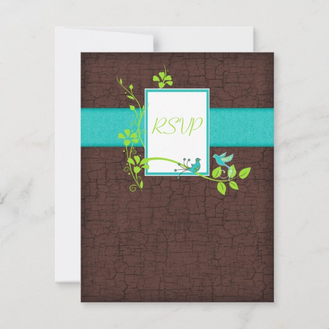 Turquoise Green Brown Floral Birds Reply Card (Front)