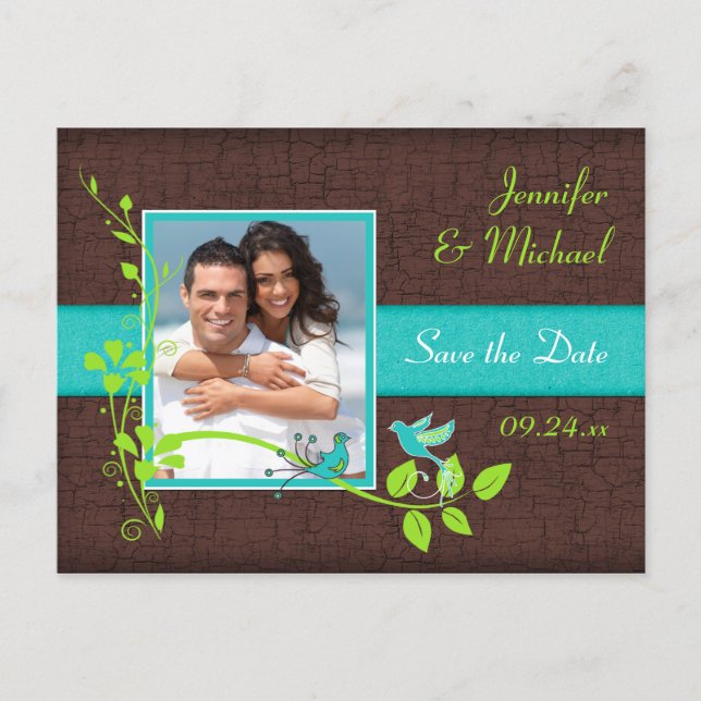 Turquoise Green Brown Floral Birds Save the Date Announcement Postcard (Front)